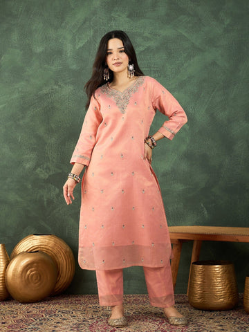 Varanga Zari-Embroidered Kurta Paired With Solid Trousers And A Tonal Dupatta .
